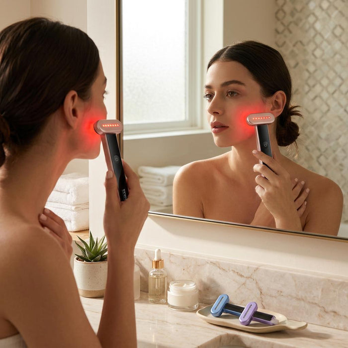 Person using the LED red light therapy wand at a bathroom mirror