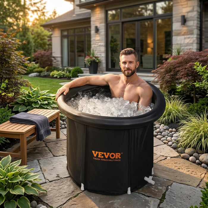 VEVOR ice bath tub set up in a garden, used for cold water therapy